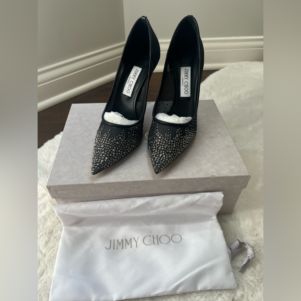 Authentic Jimmy Choo Love 100 Black Crystal-Studded Pointed Toe Pumps Size 39.5